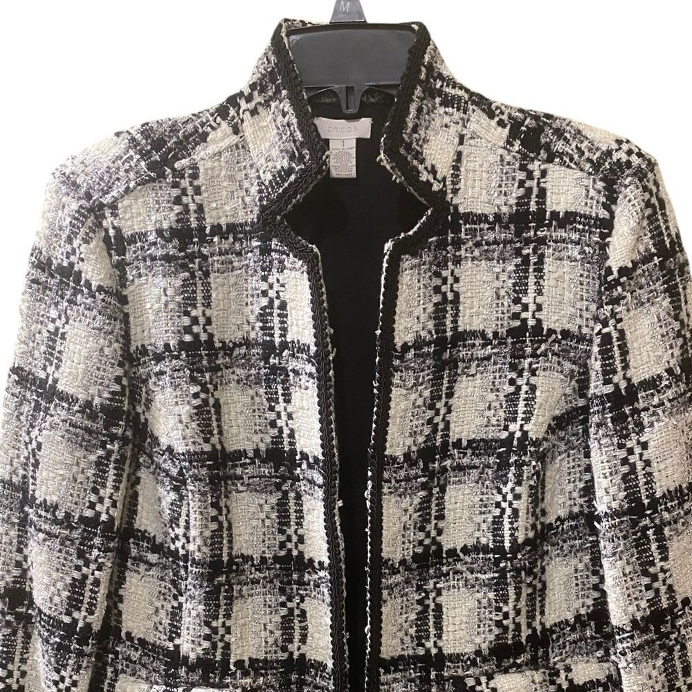 Chico’s Samuela Tweed  Bouche Blazer Jacket Black White Plaid Classic Old Money - Picture 5 of 15